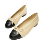 Chanel Beige/Black Leather CC Bow Cap Toe Ballet Flats - Image 4